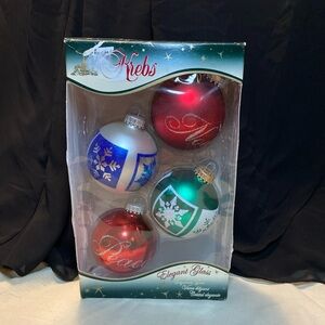 Vtg Krebs Glass Ornaments 4pc Box USA ~ Peace, Noel & Snowflakes
